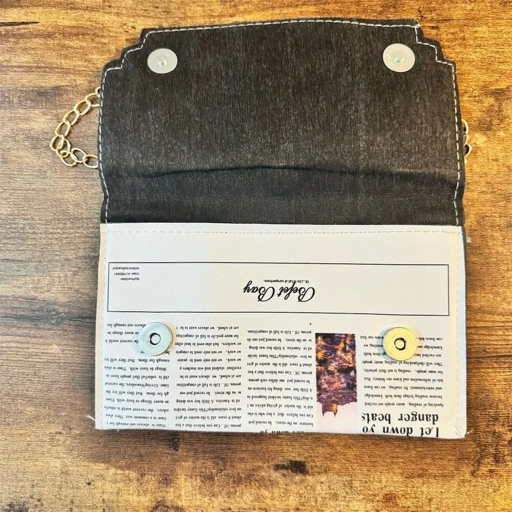 Pocket Boy Clutch Purse Womens Small Multicolor Newspaper Print Chain